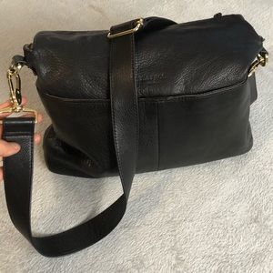 Margot Black Leather Double Flap Foldover Crossbody Shoulder Bag